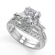 Jacey Baguette Accents 3 Stone Double Prong Cushion Cut Diamond Engagement Ring - Nivetta